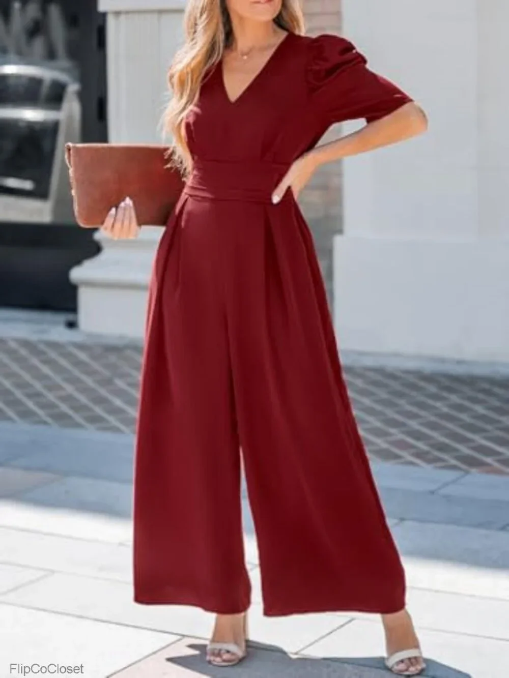 CUPSHE Women's Maxi Jumpsuit V Neck Half Sleeves Wide Leg Pockets Casual One